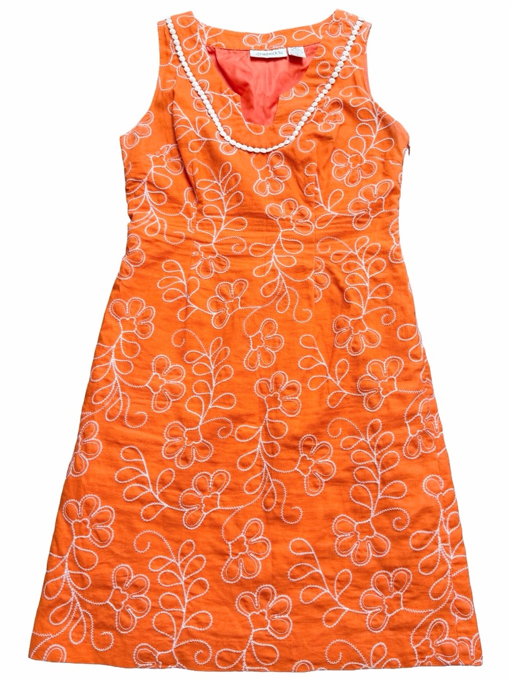 Vintage Mini Dress Womens 8 Orange Linen Embroidered Floral Shift Sleeveless Y2K